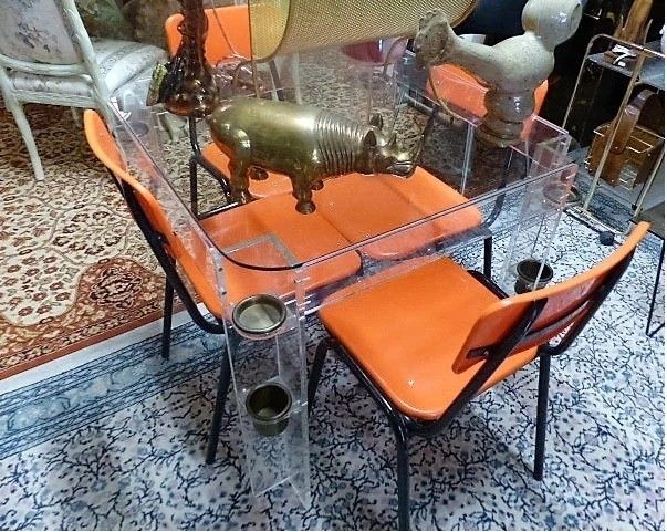 Games table in altuglass with glass top and brass legs, game storage