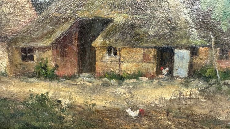 Kleines Ölgemälde auf Holz, „Der deutsche Bauernhof“