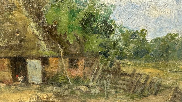 Kleines Ölgemälde auf Holz, „Der deutsche Bauernhof“