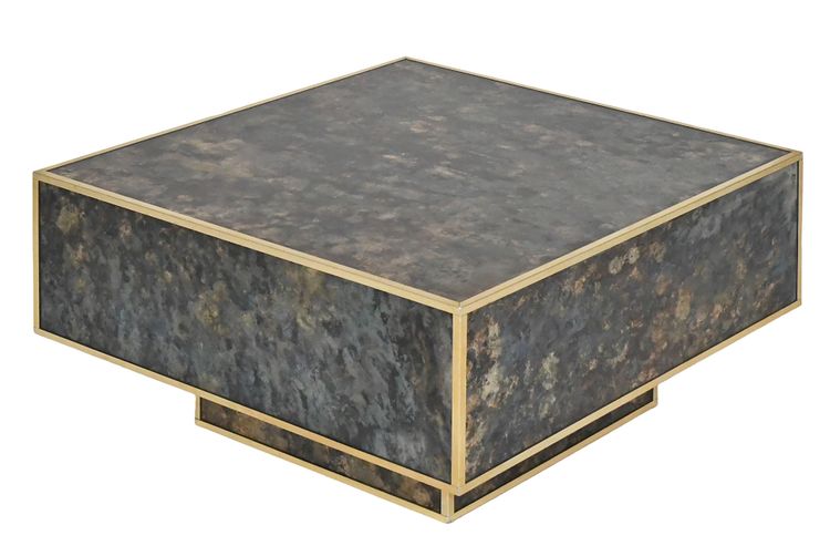 Square coffee table in marbled glass with "solar eruption" decor