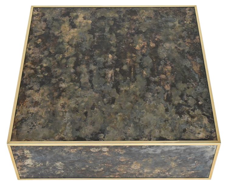 Square coffee table in marbled glass with "solar eruption" decor
