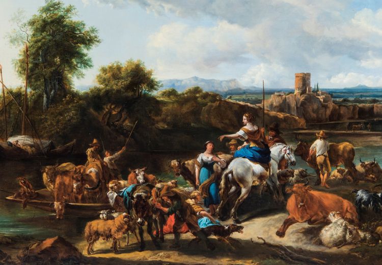 Nicolas Berchem, "Les bergers traversant la rivière avec leurs troupeaux", vers 1655