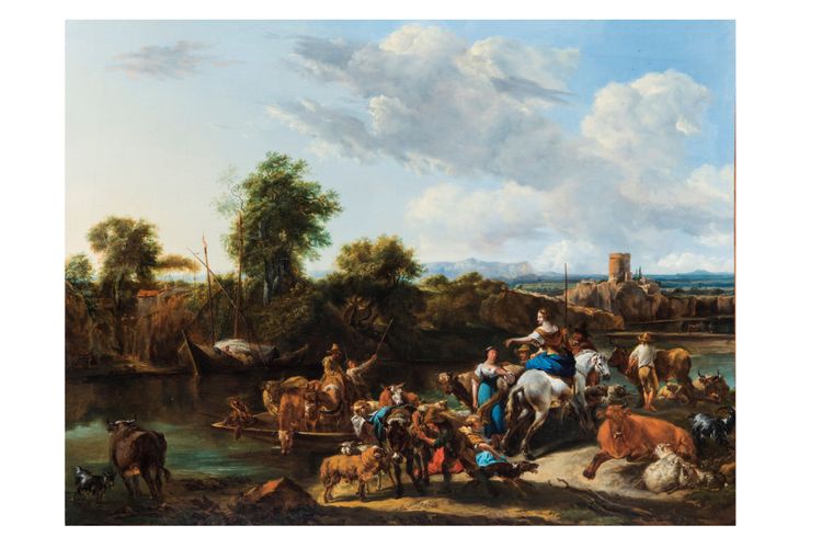Nicolas Berchem, "Les bergers traversant la rivière avec leurs troupeaux", vers 1655