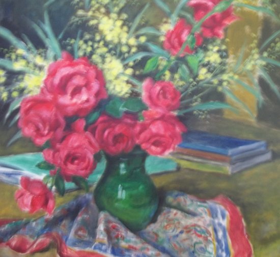 Jacqueline BRET-ANDRE. Red roses and mimosas.