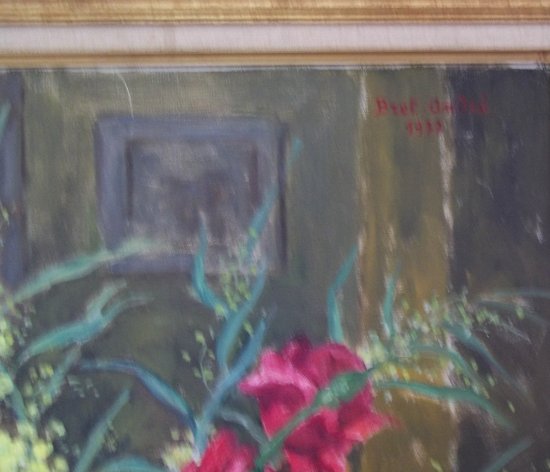 Jacqueline BRET-ANDRE. Red roses and mimosas.