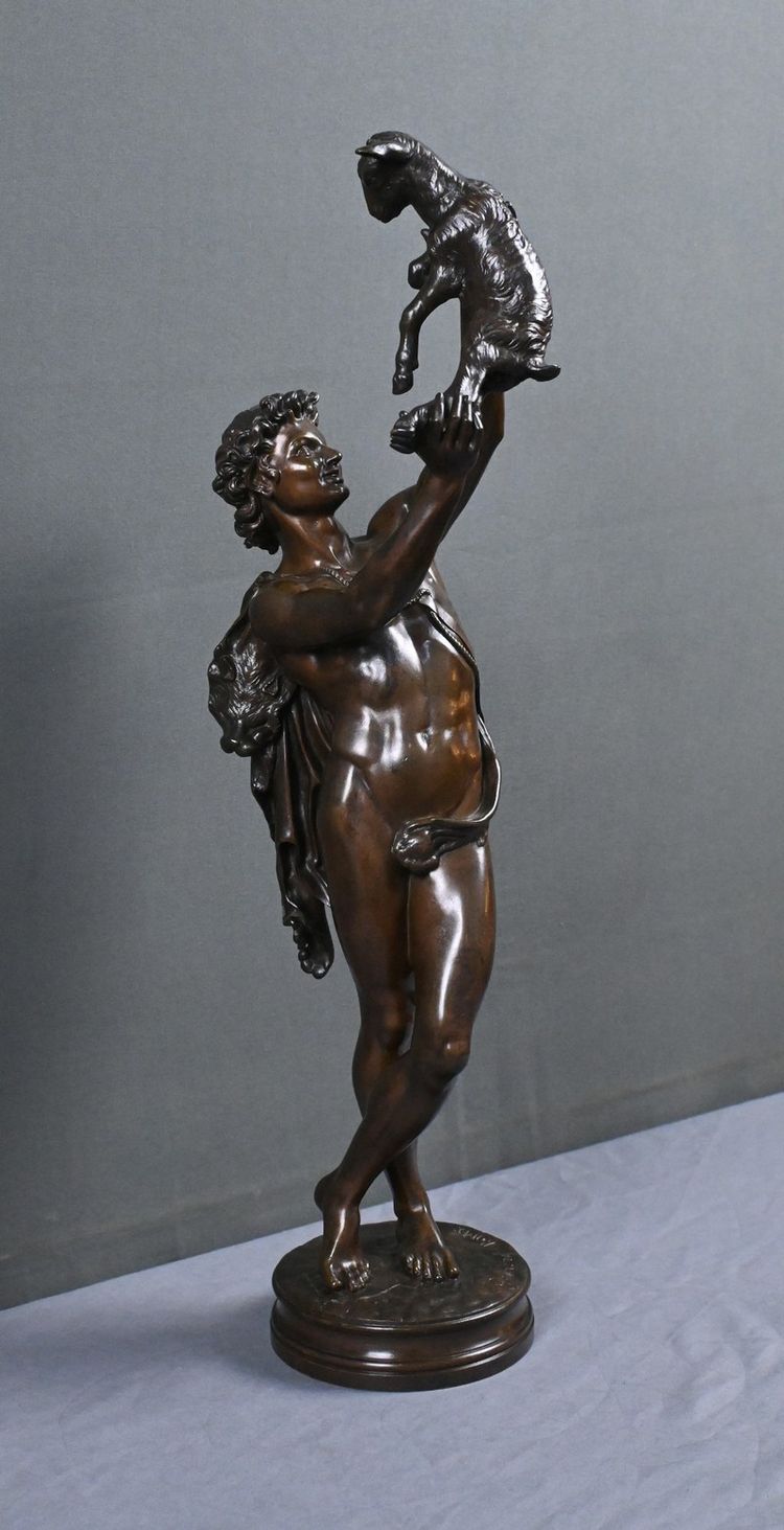 Important bronze sculpture "Faun playing with a kid" signed Gumery – second half of the 19th century