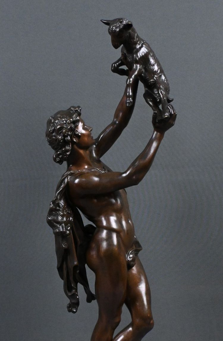 Important bronze sculpture "Faun playing with a kid" signed Gumery – second half of the 19th century