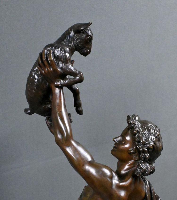 Important bronze sculpture "Faun playing with a kid" signed Gumery – second half of the 19th century