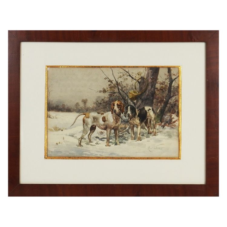 "Chiens de chasse"aquarelle par René Valette