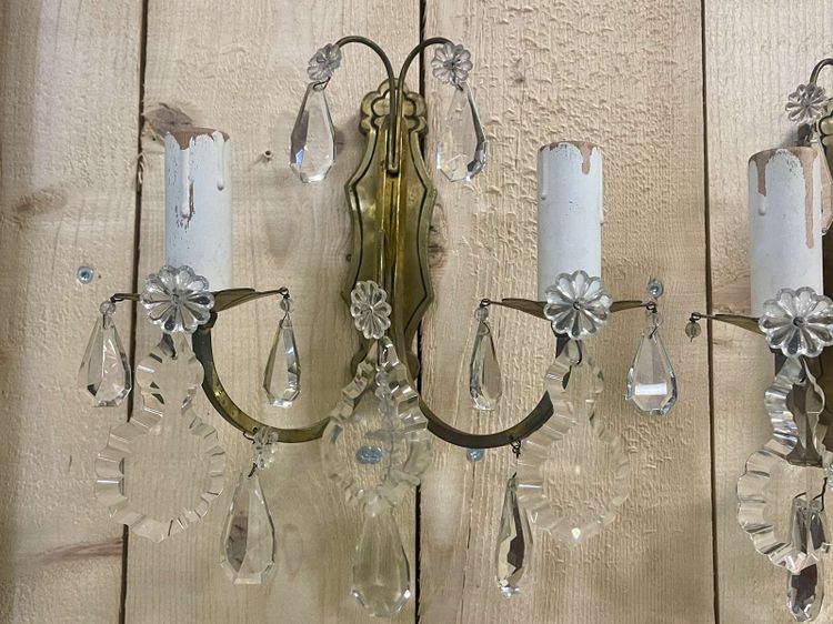 Pair of early 20th-century bronze wall sconces with crystal drops