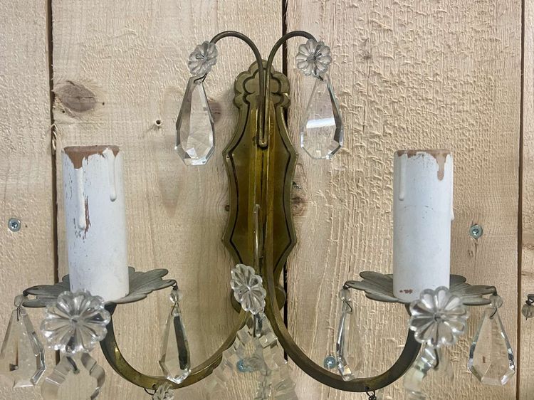 Pair of early 20th-century bronze wall sconces with crystal drops