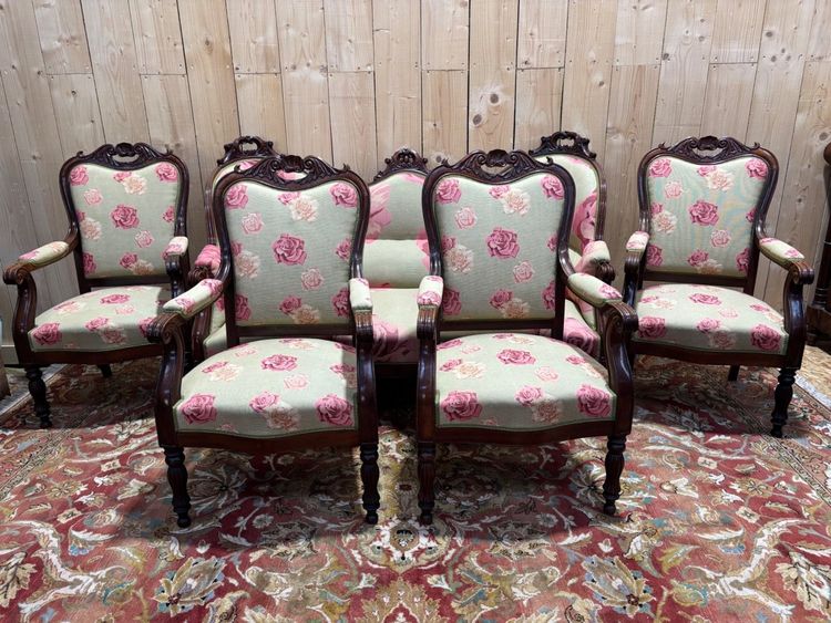 Ensemble salon Napoléon III 9 pièces acajou massif tissu roses