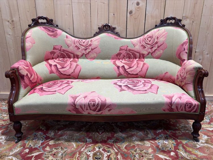 Ensemble salon Napoléon III 9 pièces acajou massif tissu roses