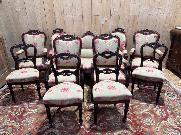 Ensemble salon Napoléon III 9 pièces acajou massif tissu roses