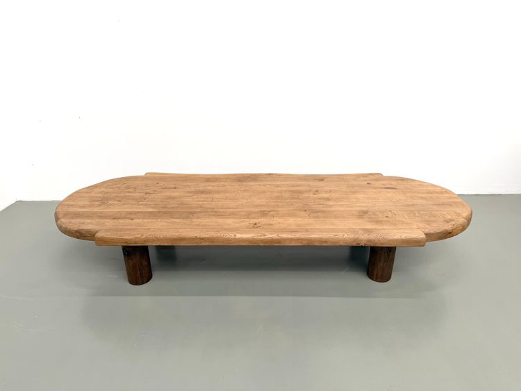 XXL oval coffee table in solid oak, cylindrical base, 1950s