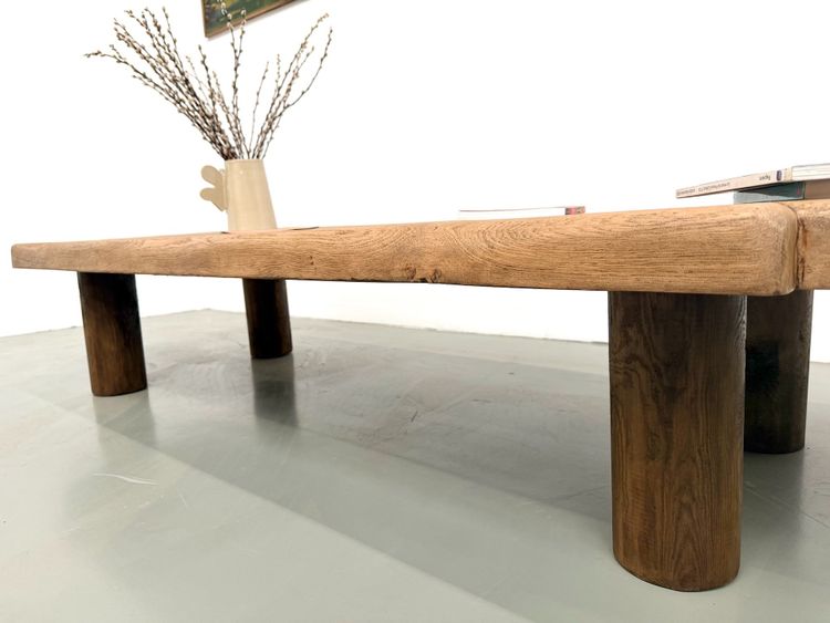 XXL oval coffee table in solid oak, cylindrical base, 1950s