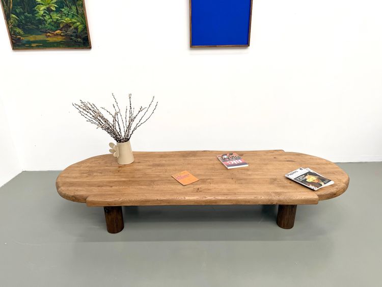 XXL oval coffee table in solid oak, cylindrical base, 1950s