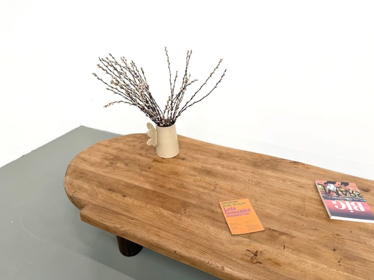 XXL oval coffee table in solid oak, cylindrical base, 1950s