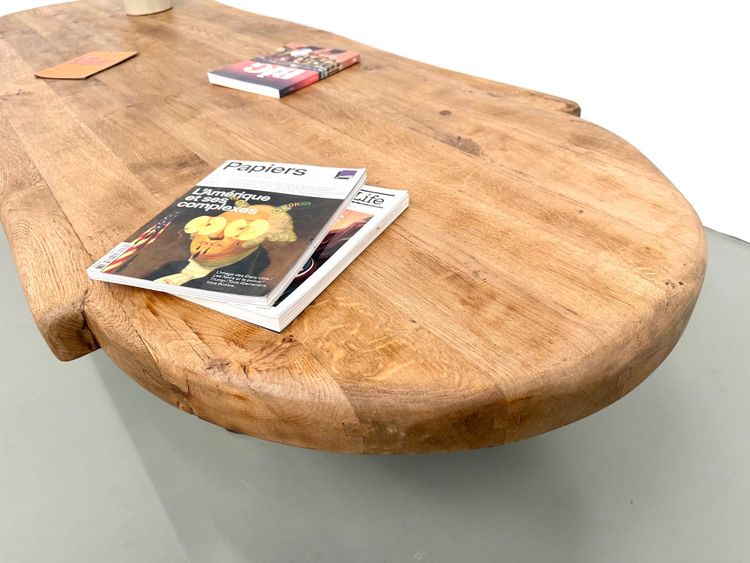 XXL oval coffee table in solid oak, cylindrical base, 1950s