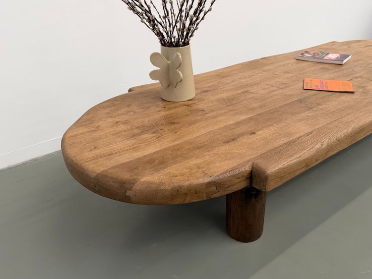 XXL oval coffee table in solid oak, cylindrical base, 1950s