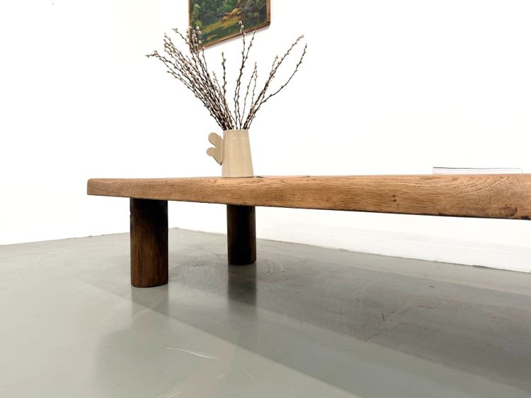 XXL oval coffee table in solid oak, cylindrical base, 1950s