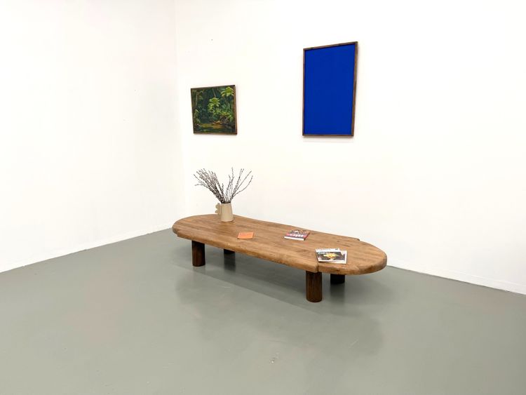 XXL oval coffee table in solid oak, cylindrical base, 1950s