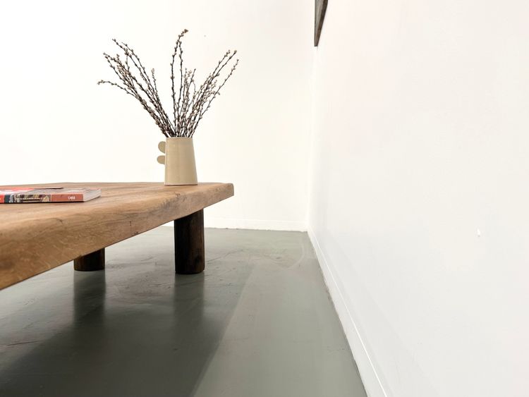 XXL oval coffee table in solid oak, cylindrical base, 1950s