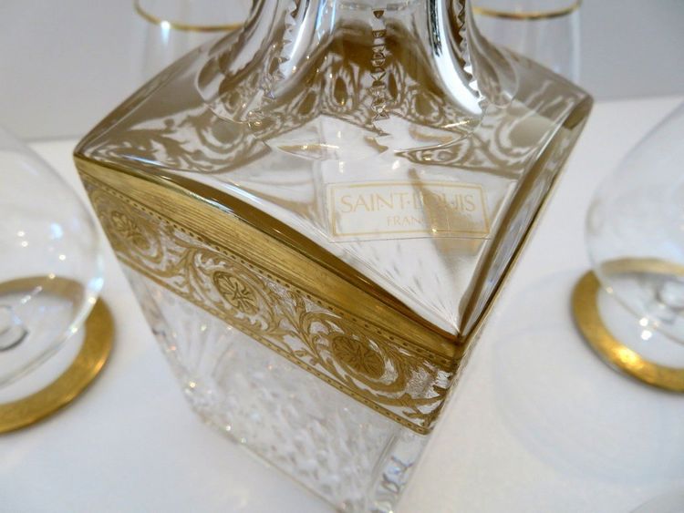 Saint Louis Thistle Gold Crystal Cognac Set, Signed
