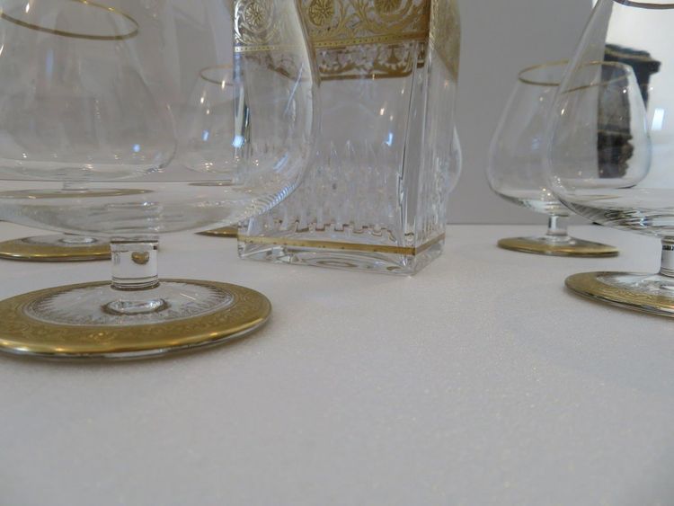 Saint Louis Thistle Gold Crystal Cognac Set, Signed