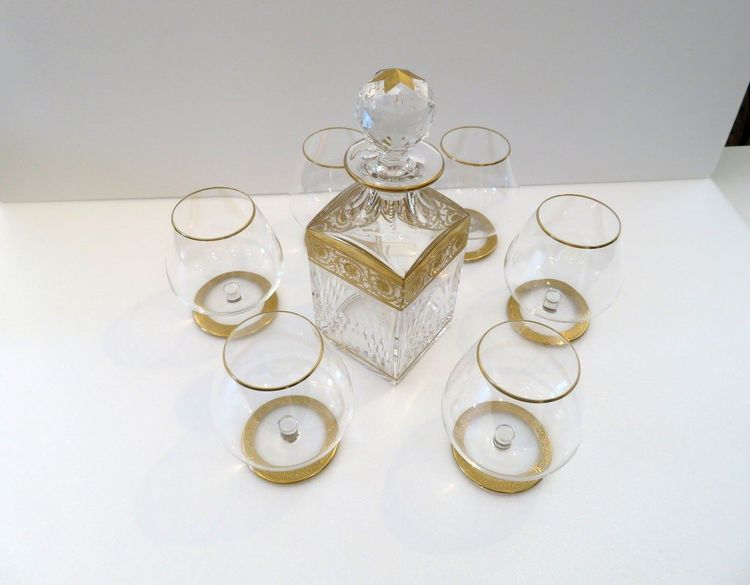 Saint Louis Thistle Gold Crystal Cognac Set, Signed