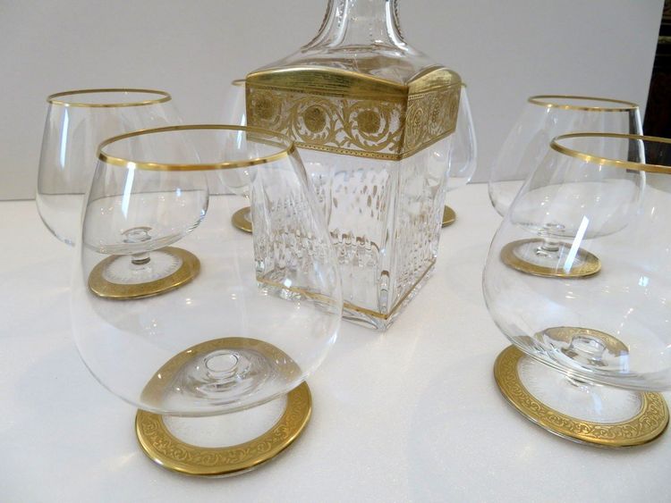 Saint Louis Thistle Gold Crystal Cognac Set, Signed