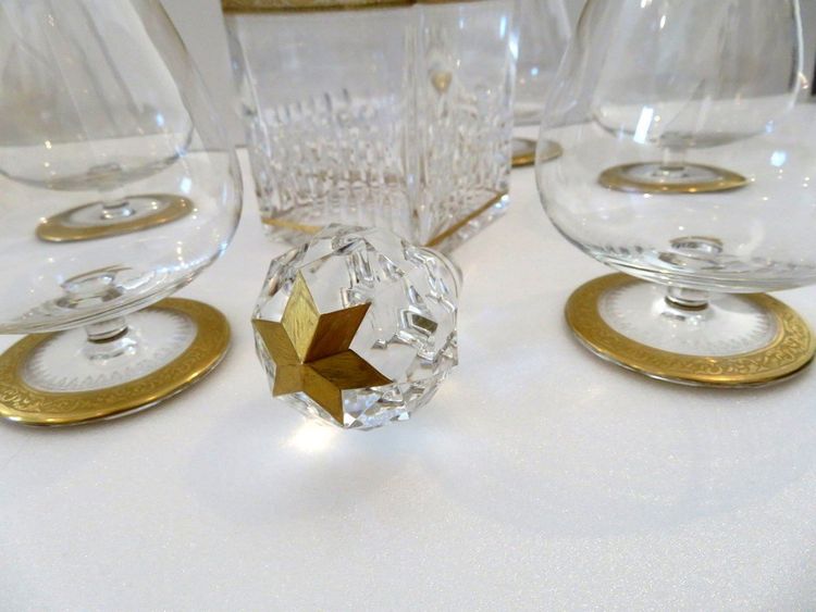 Saint Louis Thistle Gold Crystal Cognac Set, Signed