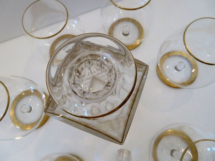 Saint Louis Thistle Gold Crystal Cognac Set, Signed