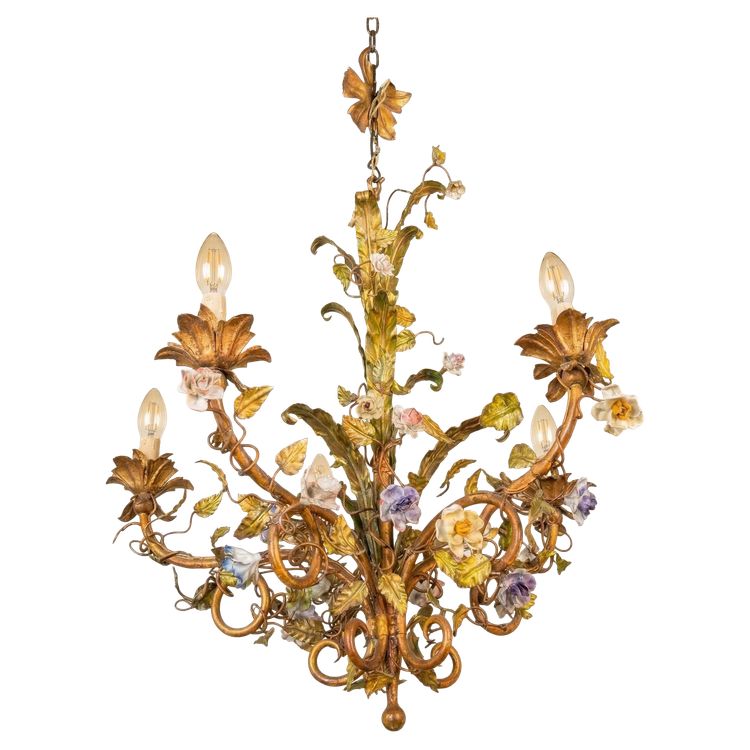 Floral Basket Chandelier with Porcelain Flowers — Louis XV Style, 20th Century