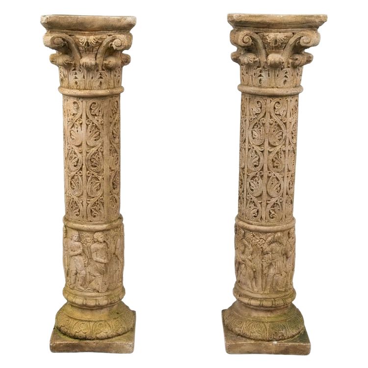 Pair of Sculpted Columns in Reconstituted Stone — Neo-Renaissance Style, Circa 1900