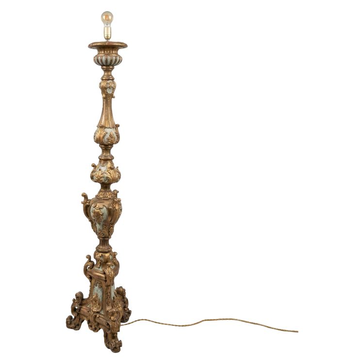 Large Rococo Style Carved Wood Floor Lamp — Repurposed Church Pricket, 19th Century
