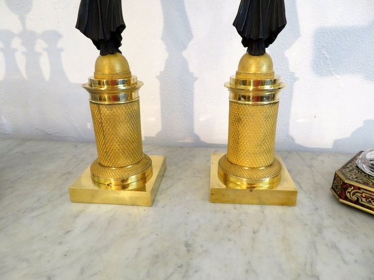 Pair De Candélabres Victoires Ailées En Bronze époque Empire 60cm