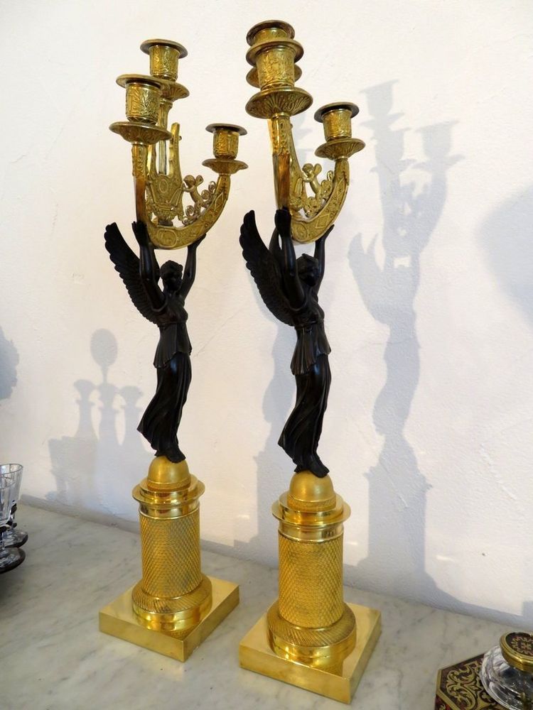 Pair De Candélabres Victoires Ailées En Bronze époque Empire 60cm