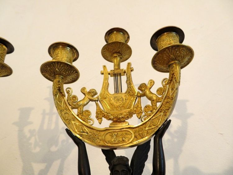 Pair De Candélabres Victoires Ailées En Bronze époque Empire 60cm