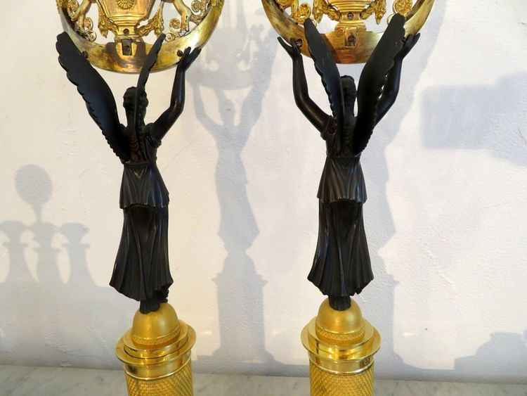 Pair De Candélabres Victoires Ailées En Bronze époque Empire 60cm