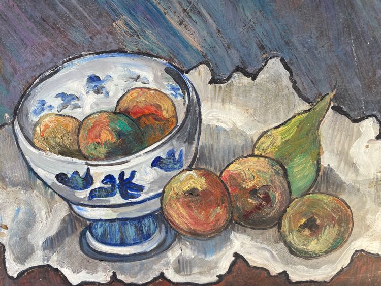 Still life with pears and earthenware bowl