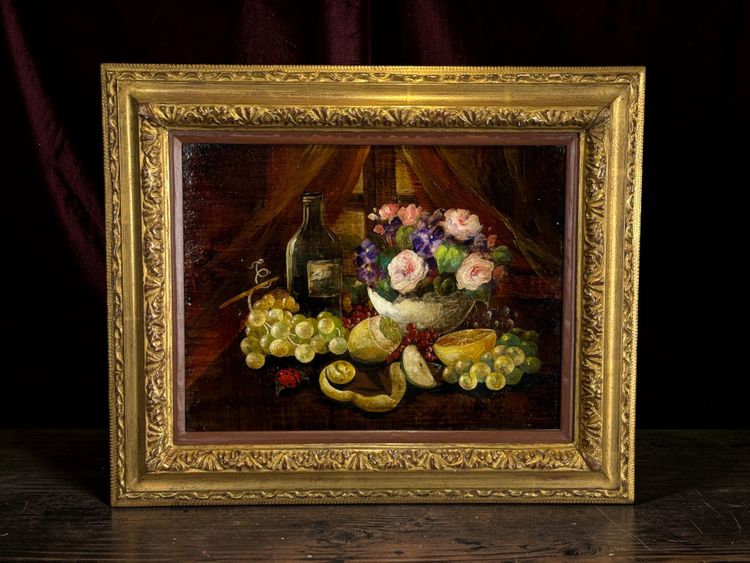 HUILE SUR PANNEAU SIGNÉE ET ENCADRÉE REPRÉSENTANT UNE NATURE MORTE A LA COCCINELLE 