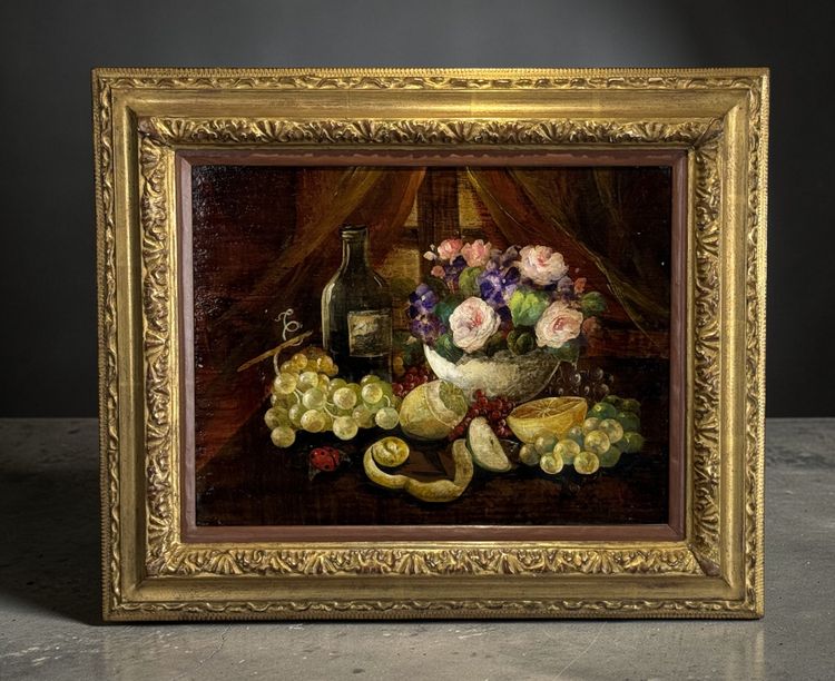HUILE SUR PANNEAU SIGNÉE ET ENCADRÉE REPRÉSENTANT UNE NATURE MORTE A LA COCCINELLE 