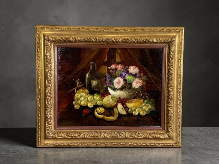 HUILE SUR PANNEAU SIGNÉE ET ENCADRÉE REPRÉSENTANT UNE NATURE MORTE A LA COCCINELLE 