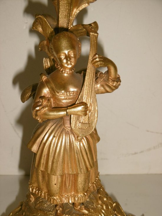 Pair Of Gilded Bronze Candelabras With Musicians