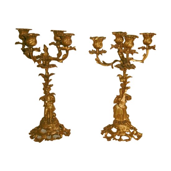 Pair Of Gilded Bronze Candelabras With Musicians