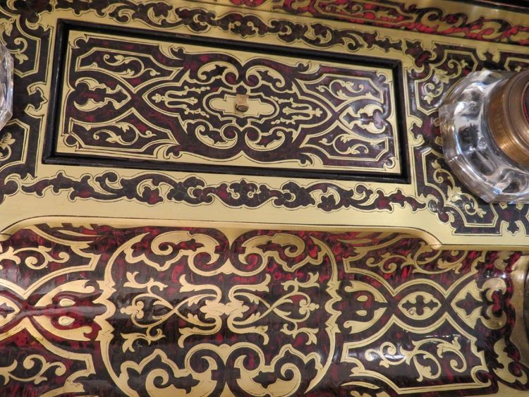 Marked "BASSY"—Napoleon III-era Boulle marquetry desk inkwell