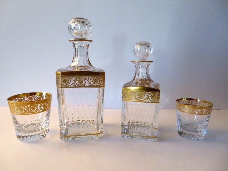 Large Square Saint Louis Thistle Gold Crystal Signed Whiskey Bottle