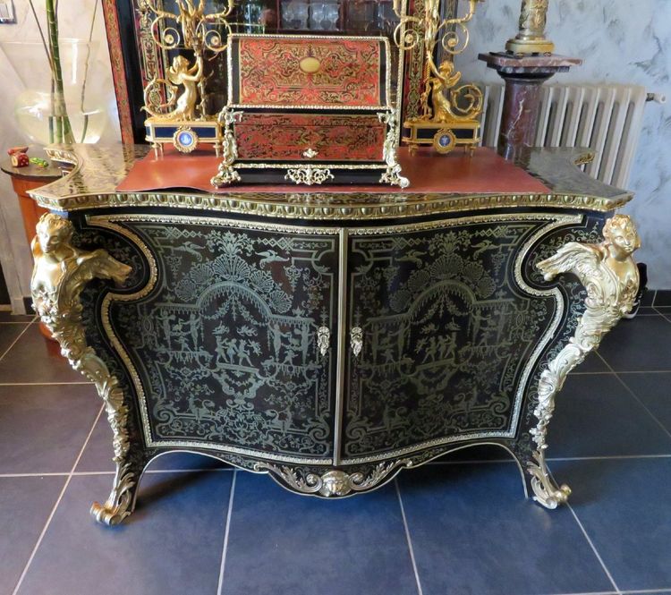 Attribuito a Mellier, comò con intarsi Boulle, XIX secolo, stile Regency.