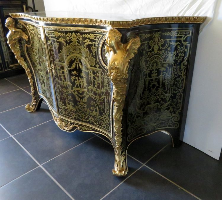 Attribuito a Mellier, comò con intarsi Boulle, XIX secolo, stile Regency.